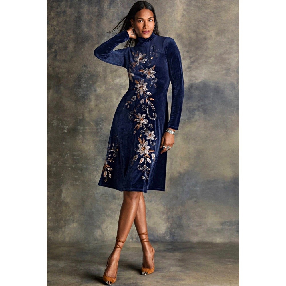Johnny Was Corinthe Stretch Velvet Mock Dress Floral Embroidery Midnight Blue XS